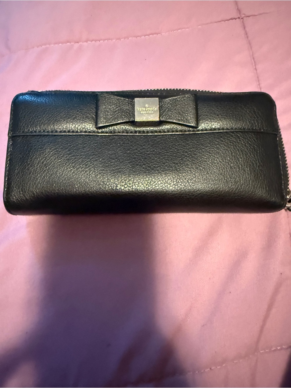 kate spade Black Leather Bow Zip Around Wallet